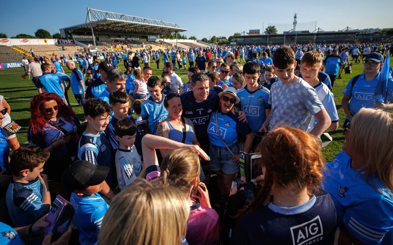 Dublin goalkeeper Stephen Cluxton with fans after the game at Nowlan Park. Photograph: James Crombie/Inpho