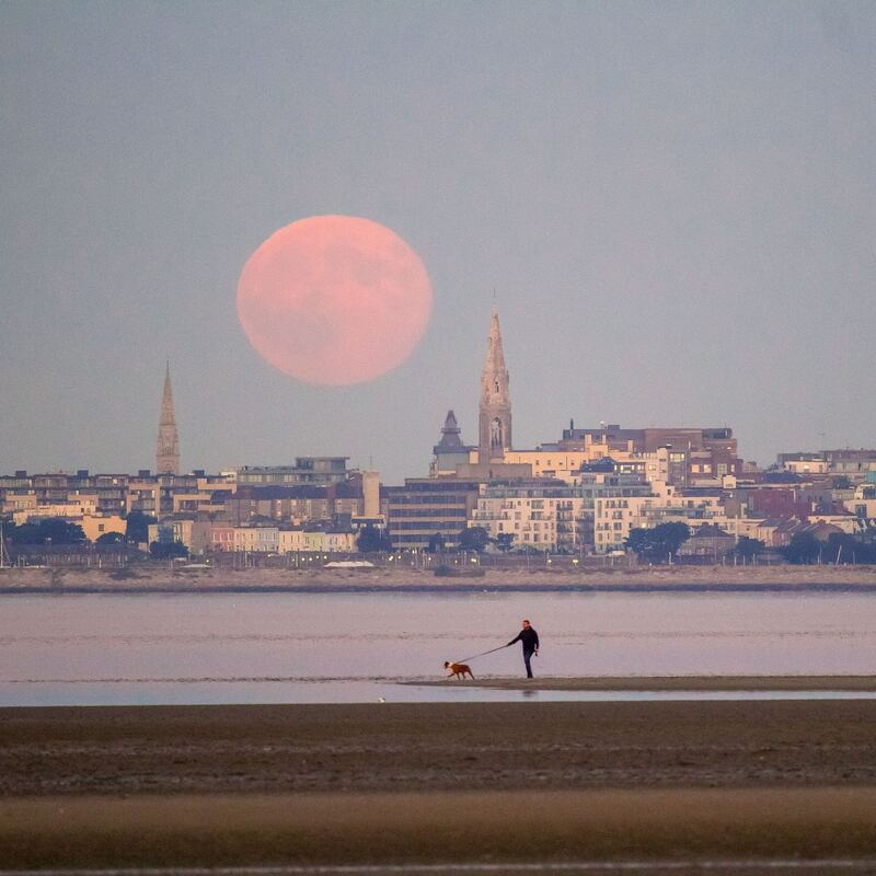 Moonrise over Dún Laoghaire, captured from Sandymount Strand. Photograph: Chris Huges