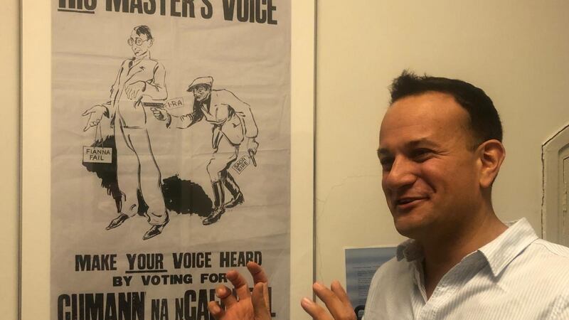 Taoiseach Leo Varadkar speaking at Fine Gael’s headquarters in Dublin before an image of an old election poster for Cumann na nGaedheal. Photograph: Fiach Kelly/The Irish Times