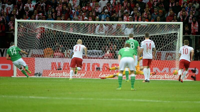 Ireland’s Jon Walters scores from the penalty spot. Photo. EPA