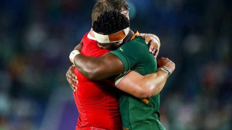 South Africa’s Siya Kolisi and Duane Vermeulen celebrate after beating Wales. Photograph:  James Crombie/Inpho