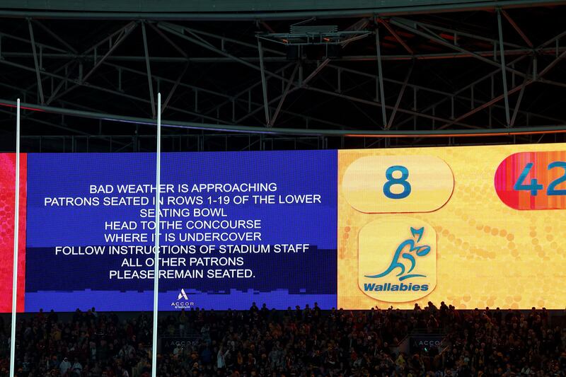 A message on the big screen referencing the break in play due to a lightning warning. Photograph: Billy Stickland/Inpho