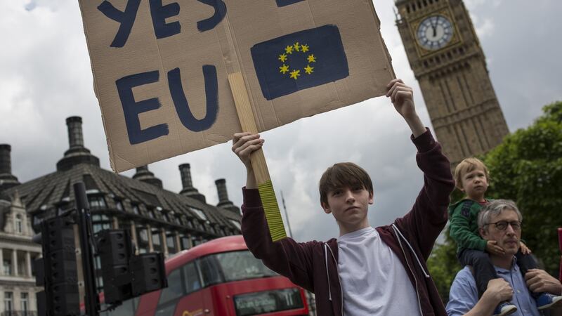 Young people  protest on Parliament Square in London. Mrs Robinson has said  young people in the UK must feel “very let down” by the outcome of the Brexit vote. Photograph: Dan Kitwood/Getty Images