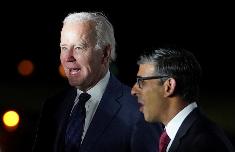 British prime minister Rishi Sunak greets US president Joe Biden on his arrival. Photograph: Kevin Lamarque/Reuters