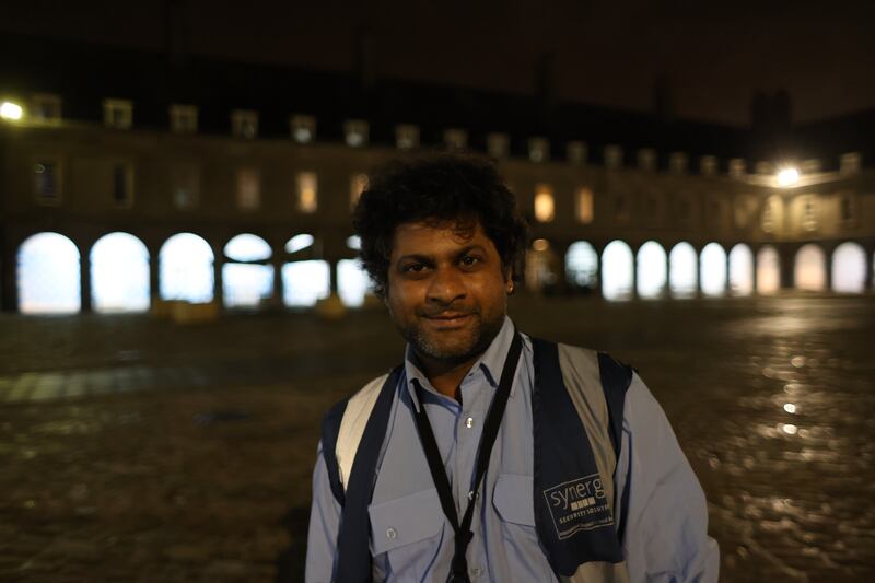 Security guard on night duty, Keely Raghavendra. Photograph: Bryan O’Brien