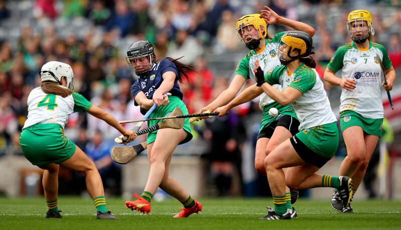 Kerry’s Caoimhe Spillane is challenged by Rachel O'Neill and Aoife Minogue of Meath during the Very Camogie League Division 2A Final at Croke Park. Photograph: Ryan Byrne/Inpho