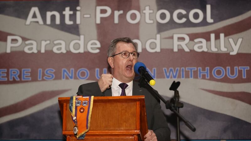 Sir Jeffrey Donaldson speaks during a rally against the  Northern Ireland Protocol  in Ballymoney, Co Antrim, on Friday night. Photograph: Liam McBurney/PA Wire