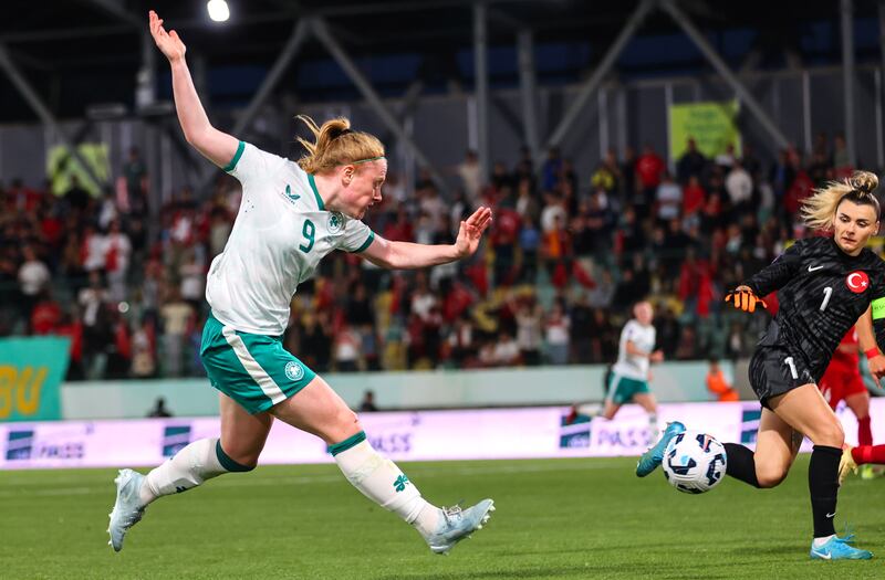 Ireland’s Amber Barrett shoots at goal. Photograph: Ryan Byrne/Inpho