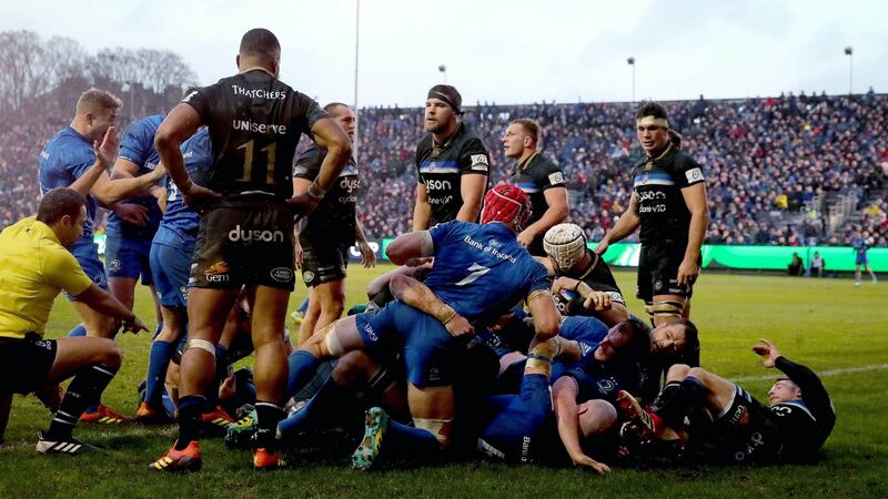 The Leinster pack drive over the line for Sean Cronin’s first half score at The Rec. Photograph: Ryan Byrne/Inpho