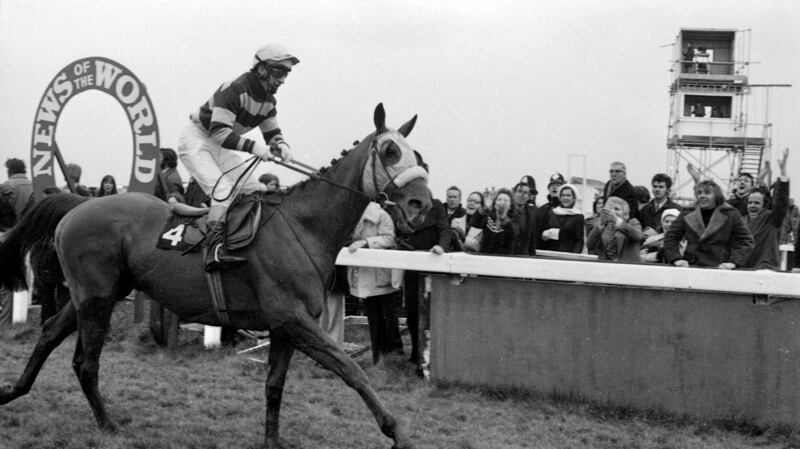 Tommy Carberry eases L’Escargot just past the post after winning the Grand Nationat at Liverpool in 1975. Photograph: Tommy Collins/The Irish Times