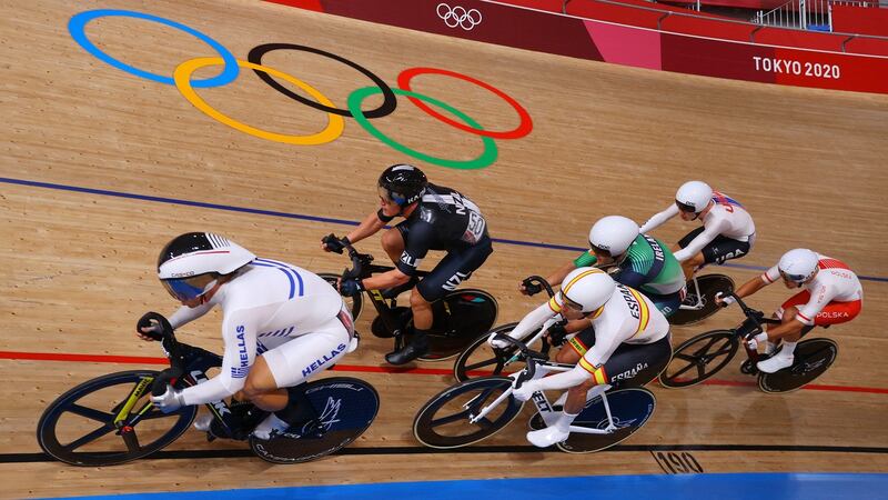 Christos Volikakis of Team Greece, Campbell Stewart of Team New Zealand, Albert Torres Barcelo of Team Spain, Mark Downey of Team Ireland, Gavin Hoover of Team United States and Szymon Sajnok of Team Poland compete during the men’s omnium scratch race. Photograph: Tim de Waele/Getty Images
