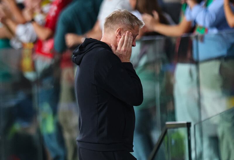 Ireland manager Heimir Hallgrímsson can't hide his disappointment after Portugal's late goal. Photograph: Ryan Byrne/Inpho