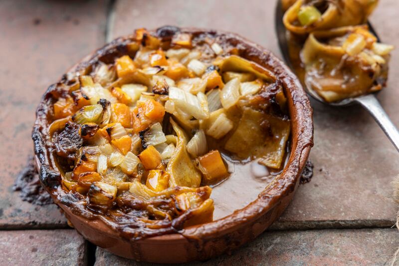 Baked rosetta pasta with shortrib, Parmesan and root vegetables. Photograph: Harry Weir