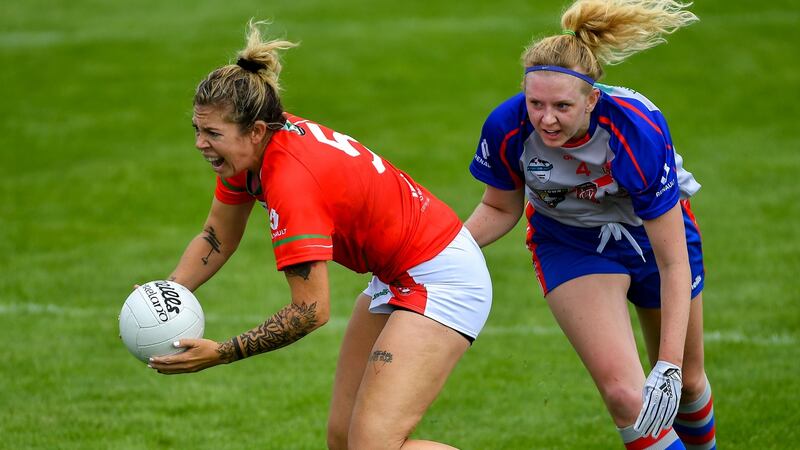 Jenn Minchin of Toronto in action against Dianna DelTorto of Heartland. Photograph: Piaras Ó Mídheach/Sportsfile