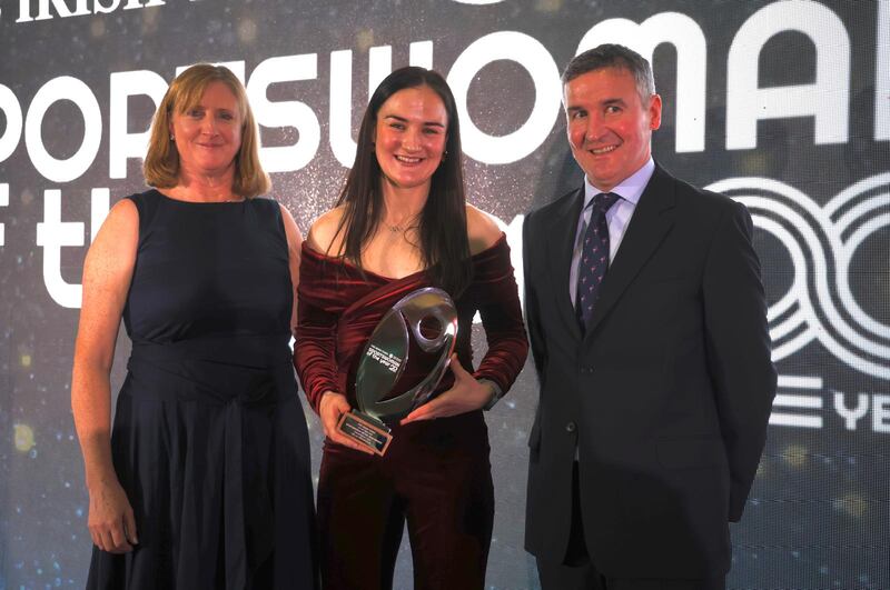 Kellie Harrington accepts the award at the Sportswoman of the Year awards. Photograph: Nick Bradshaw