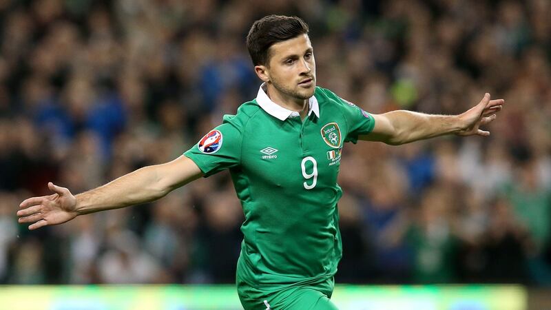 Republic of Ireland’s Shane Long celebrates scoring their first goal of the game during the UEFA European Championship Qualifying match at the Aviva Stadium, Dublin. Photograph: Brian Lawless/PA Wire.