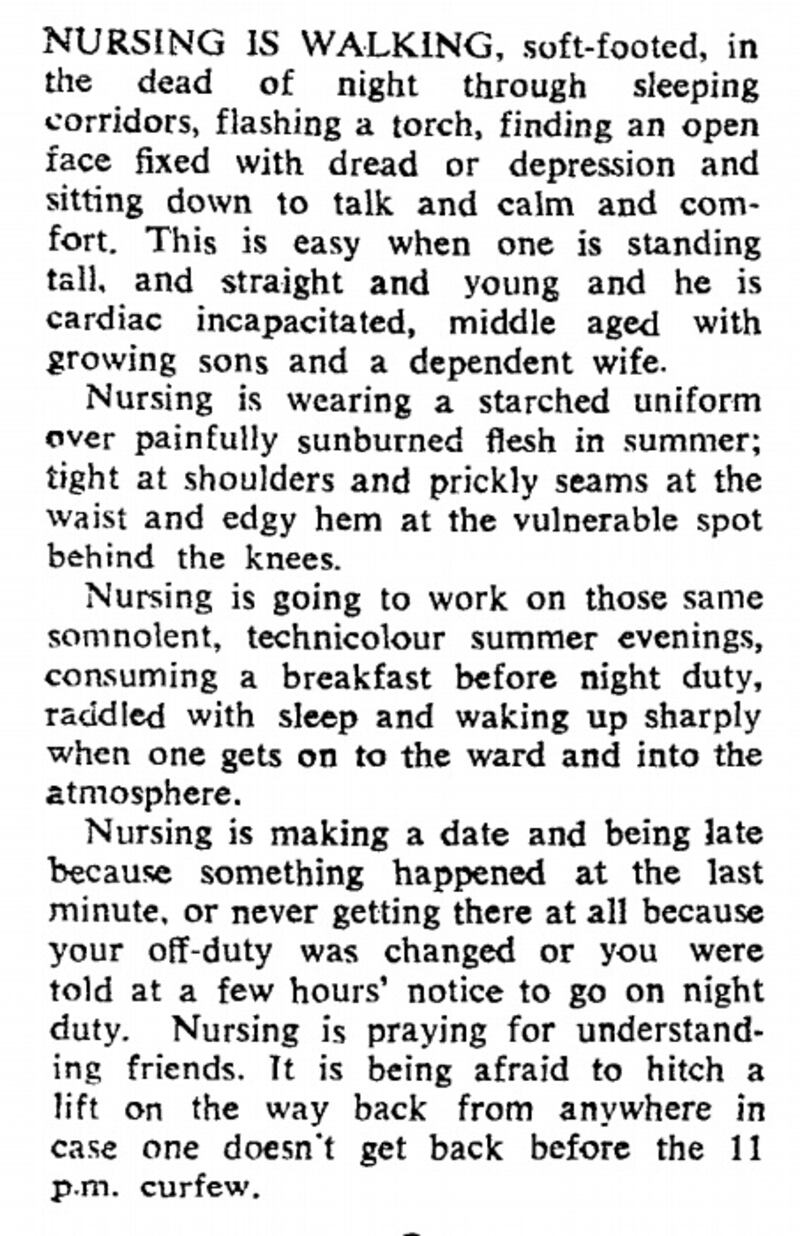 Lines from What is Nursing, written by Mary Cummins in The Irish Times in January 1970.