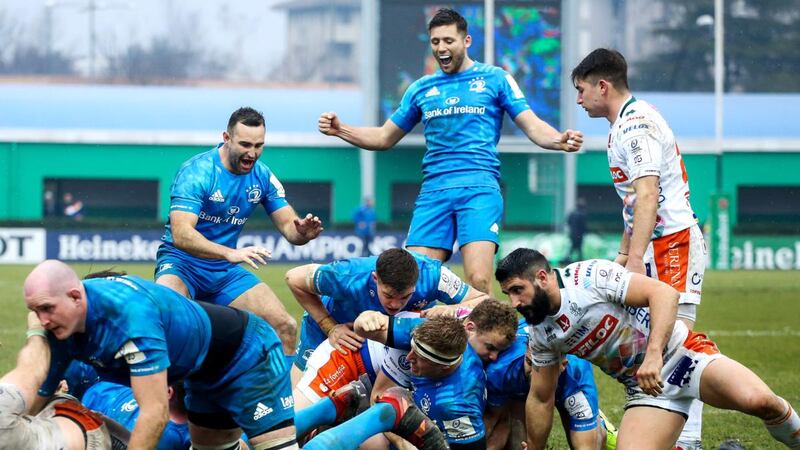 James Tracy scores a try for Leinster in the Champions Cup game against Benetton in Treviso  as Dave Kearney and Ross Byrne celebrate. Photograph: Matteo Ciambelli/Inpho