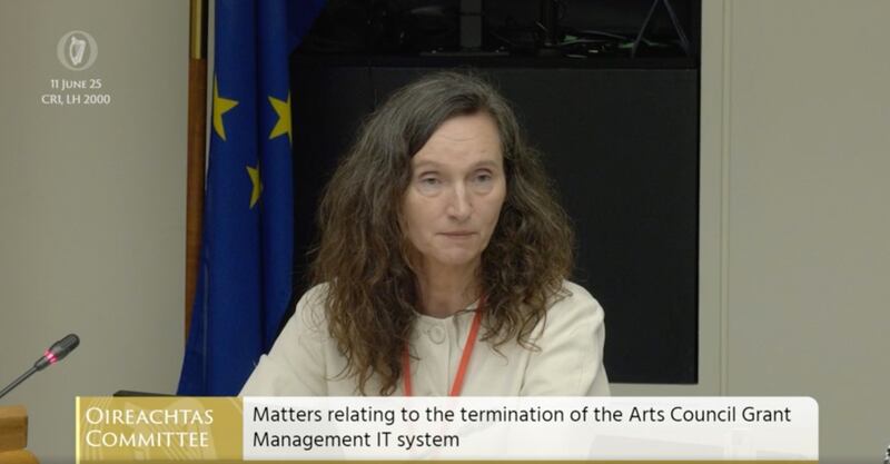 Outgoing Arts Council director Maureen Kennelly at the Oireachtas Arts and Media committee. Photo: Oireachtas TV