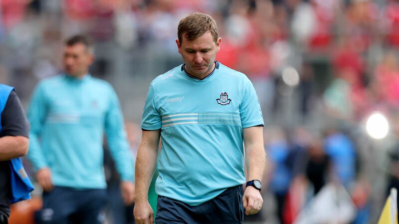 Dublin manager Niall Ó Ceallacháin dejected after their All-Ireland semi-final defeat to Cork. Photograph: Ryan Byrne/Inpho