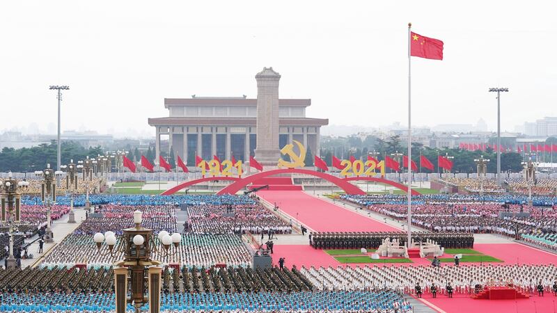 A celebration marking the 100th founding anniversary of the Chinese Communist Party on Tiananmen Square in Beijing. Photograph: EPA
