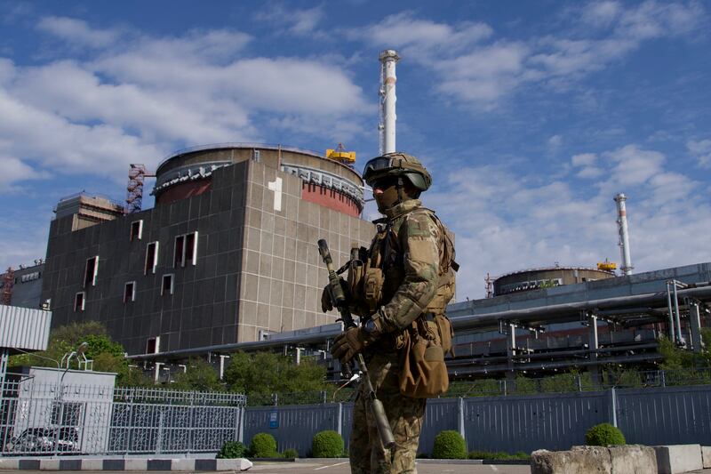 A Russian serviceman patrols the territory of the Zaporizhzhia Nuclear Power Station in Energodar on May 1st. Photograph: Andrey Borodulin/AFP via Getty Images