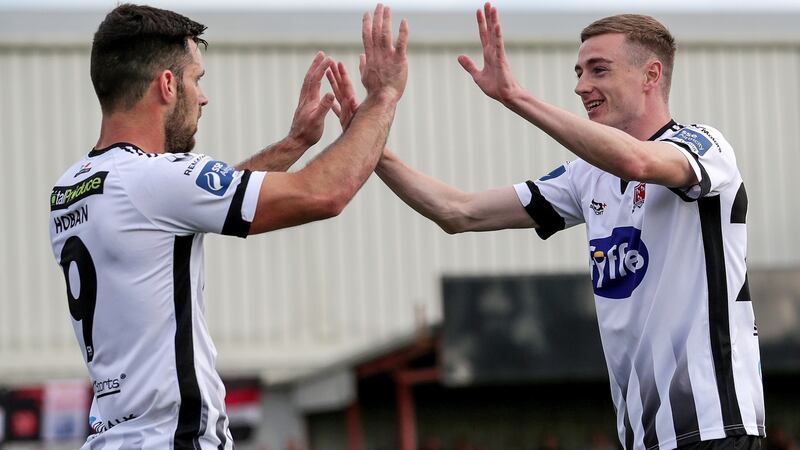 Dundalk’s Daniel Kelly celebrates scoring a goal with Patrick Hoban. Photograph: Laszlo Geczo/Inpho