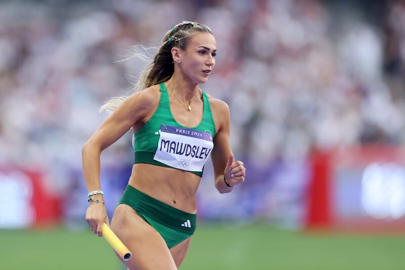 Ireland's Sharlene Mawdsley competes in the 4 x 400m Mixed Relay Round 1 on day seven of the Olympic Games at Stade de France, Paris, on August 2nd, 2024. Photograph: Christian Petersen/Getty
