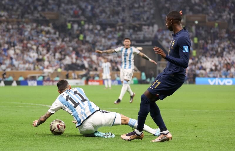 Argentina's Angel Di Maria is fouled by Ousmane Dembele of France which leads to a penalty. Lionel Messi converts from the spot and Argentina take the lead in the final. They dominate the first half. Photograph: Catherine Ivill/Getty