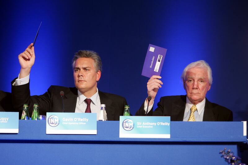 Gavin O'Reilly, group operating officer, and Tony O'Reilly, chief executive of Independent News & Media, at the group's AGM in London, 2008. Photograph: Alan Betson