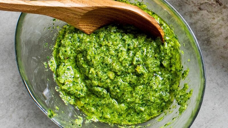Pesto with parsley and scallions is served with  brown-butter butter beans.