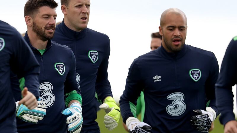 Keiren Westwood, Colm Doyle and Darren Randolph during Republic of Ireland training at Abbotstown. Photograph: Ryan Keane/Inpho