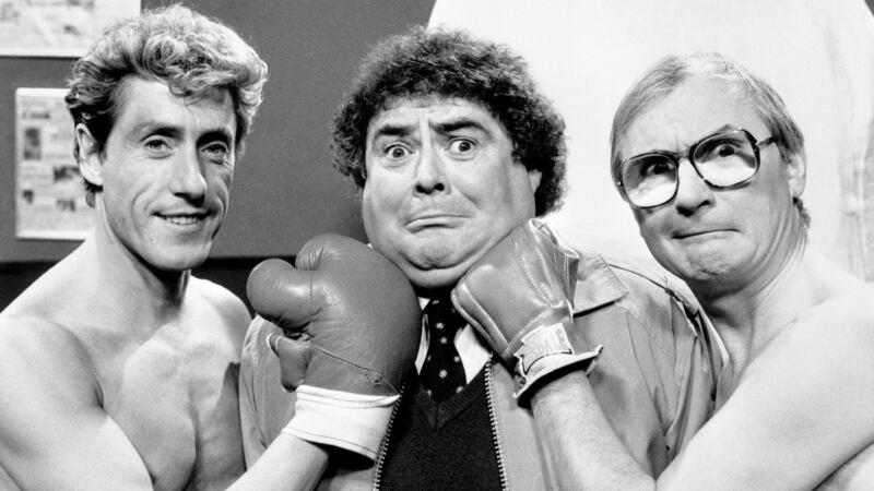 Eddie Large (centre) with Roger Daltrey (left) and comedy partner  Syd Littl eduring filming of an episode of the Little and Large show in 1986.  File photograph: PA/PA Wire