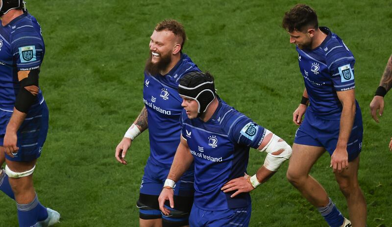 Leinster’s RG Snyman celebrates scoring a try. Photograph: Tom Maher/Inpho