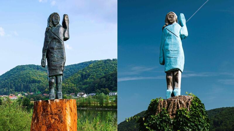 The bronze  statue (left) and the original wooden statue which was set on fire. Photographs:   Jure Makovec/AFP via Getty Images