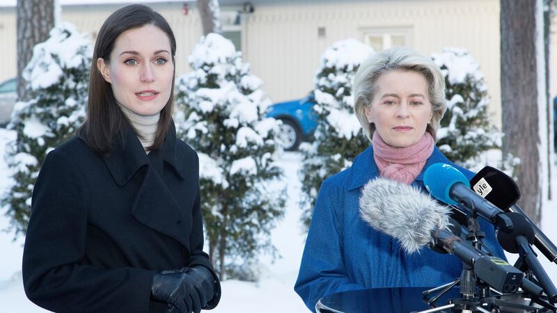 Finland’s prime minister, Sanna Marin, and European Commission president Ursula  von der Leyen speak to the press after a meeting  in Helsinki on February 3rd about  the  security situation in Europe. Photograph: Mauri Ratilainen/EPA