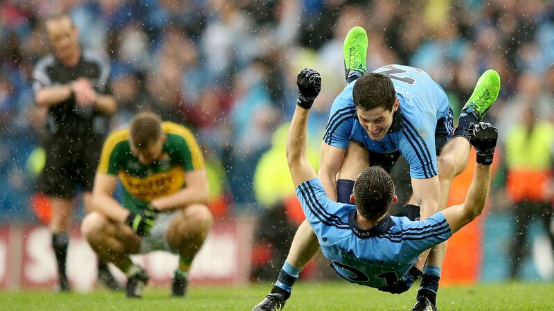 Dublin’s Rory O’Carroll and Darren Daly celebrate at the final whistle after Dublin’s win over Kerry in 2015. Photo: James Crombie/Inpho
