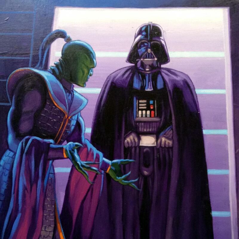 A painting created for a Shadows of the Empire trading card set in 1996. It is of the main villain of the book Prince Xizor (left) greeting Darth Vader