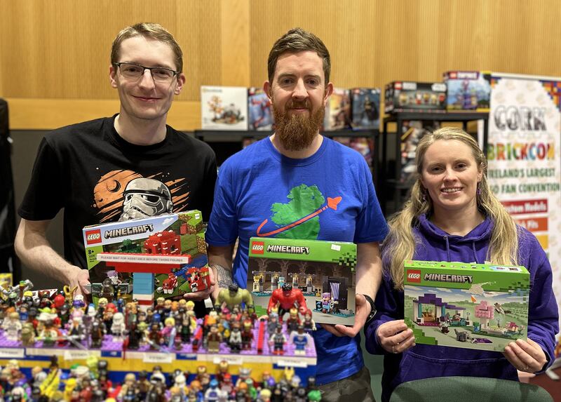 Minecraft: Lego enthusiasts Ben Cunningham, Dave Heffernan and Emma Bolger at the Shamrock Brick stand at Dublin Comic Con 2025. Photograph: Conor Capplis