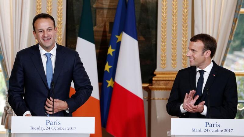Franco-Irish alliance: Leo Varadkar and Emmanuel Macron at the Élysée Palace. Photograph: Kamil Zihnioglu/Reuters