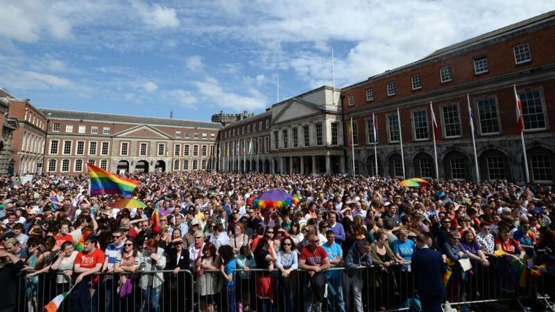 Marriage-equality supporters  at Dublin Castle.  Photograph: Dara Mac Donaill/The Irish Times