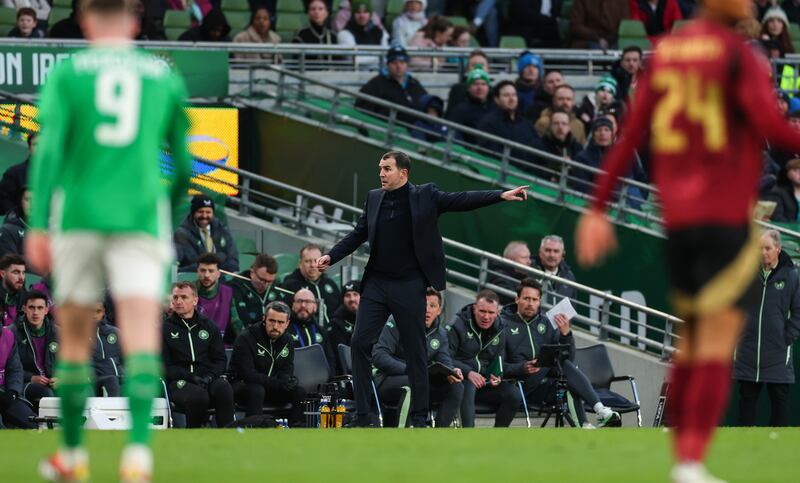 Republic of Ireland interim manager John O’Shea on the sideline during the friendly international against Belgium. Photograph: James Crombie/Inpho 