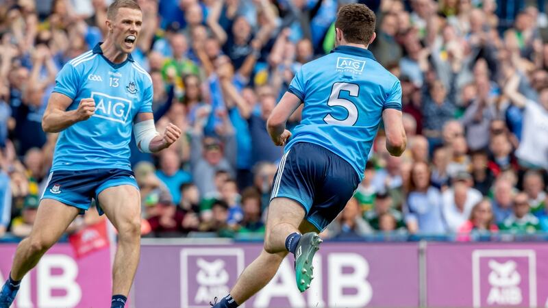 Dublin’s Jack McCaffrey celebrates scoring a goal with Paul Mannion. Photograph: Morgan Treacy/Inpho