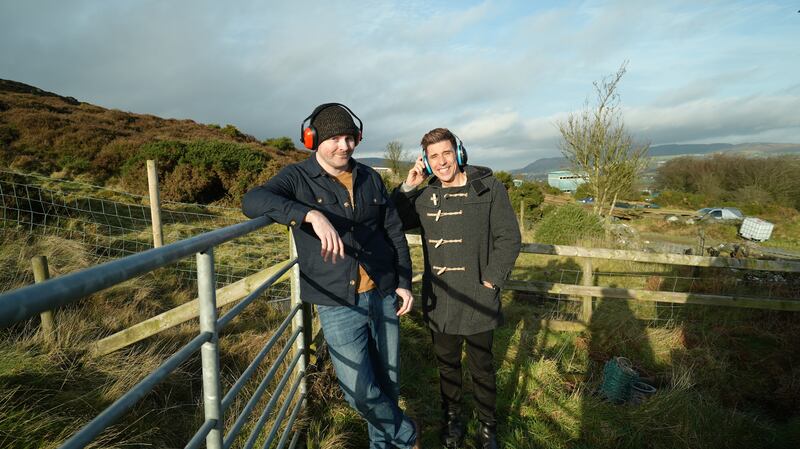 Paddy And Nigel's Tourist Trap: Paddy Raff and Russell Kane at a shooting range in Co Armagh. Photograph: Stellify Media/BBC Northern Ireland