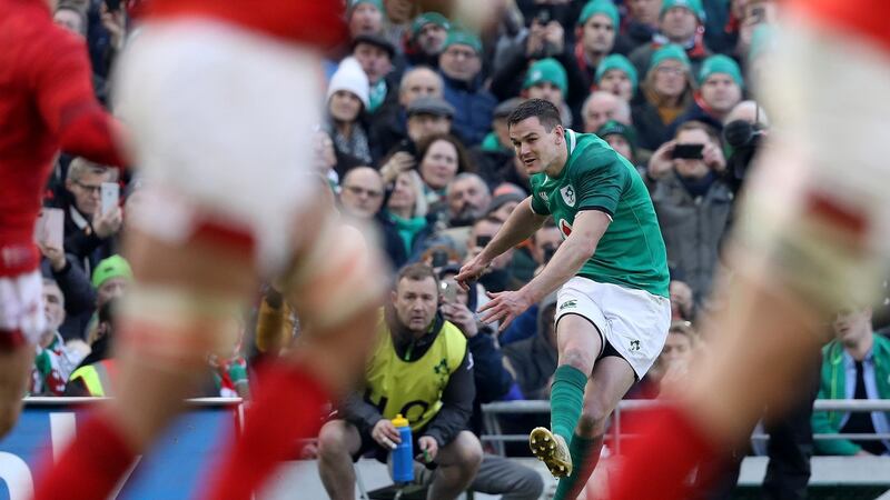 Johnny Sexton kicks for goal against Wales. Photograph: Tommy Dickson/Inpho