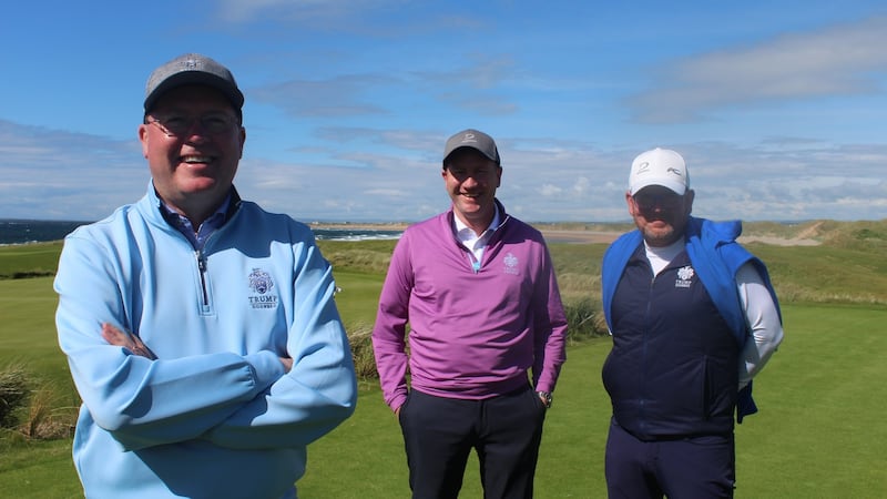 Trump’s golfing partners: Joe Russell, managing director of Trump International Golf Links and Hotel Doonbeg; Brendan Murphy, director of membership; and Brian Shaw, Doonbeg’s golf professional.