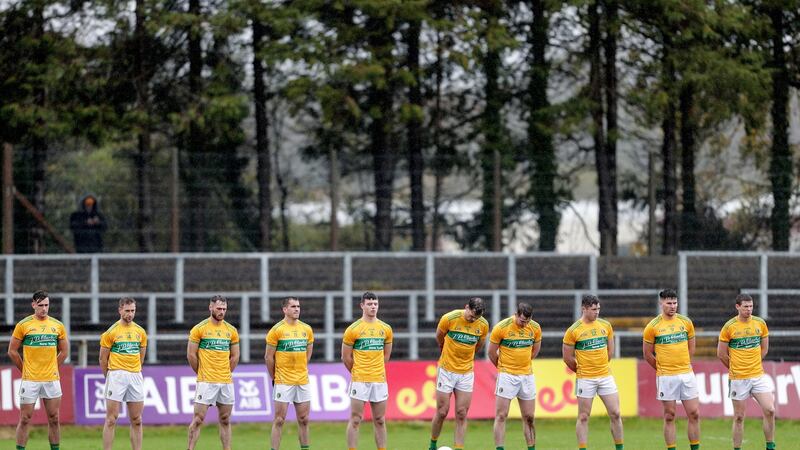 Leitrim stand for the anthem ahead of a match against Mayo last November. Photograph: Laszlo Geczo/Inpho