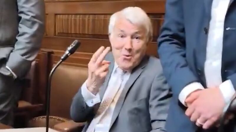 Independent TD for Tipperary North Michael Lowry appears to make an unparliamentary gesture in the Dáil. Photograph: People Before Profit/PA Wire