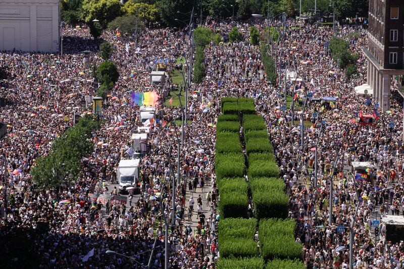 Budapest's municipality organised the Pride march in a move to circumvent a law that allows police to ban LGBTQ+ marches. Photograph: Peter Kohalmi/AFP via Getty Images