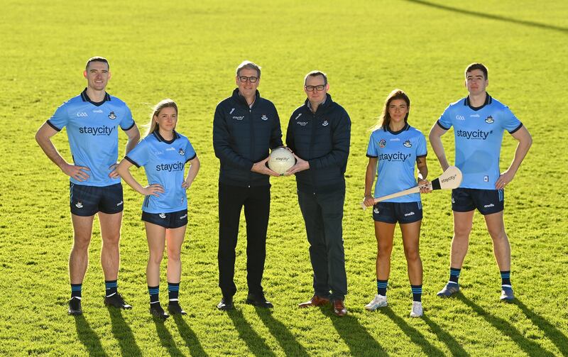Footballers Brian Fenton and Caoimhe O'Connor, Staycity Aparthotels chief executive Tom Walsh, Dublin GAA chief executive Finbar O’Mahony, camogie player Emma O'Byrne and hurler Donal Burke at the launch of Dublin's new jersey. Photograph: Seb Daly/Sportsfile 